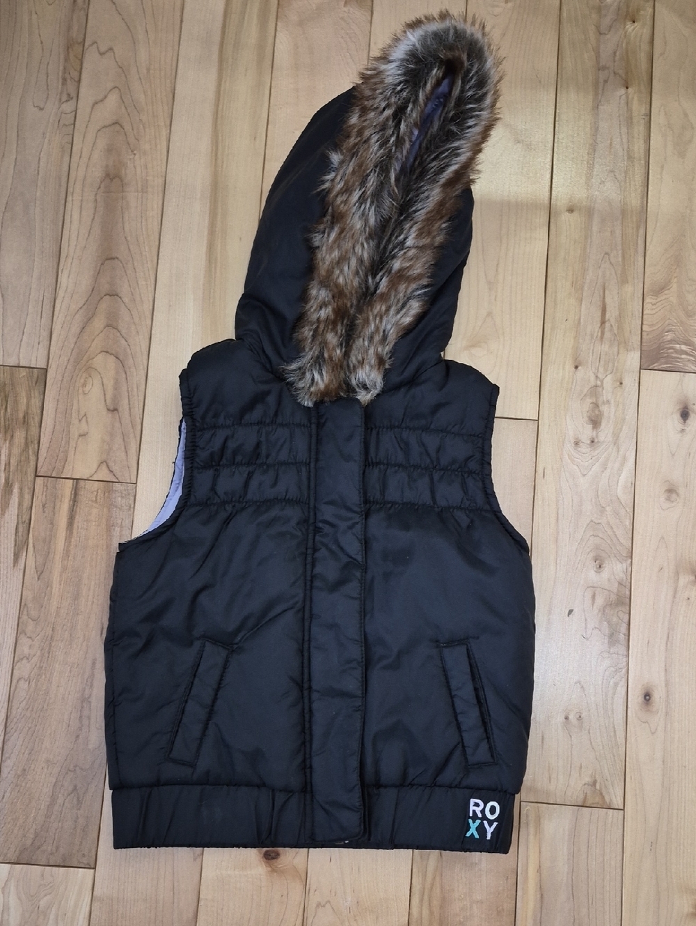 Girls Size 5 Roxy Black Puffer Vest with Faux Fur Trimmed Hood